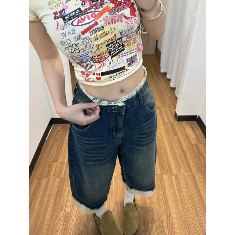 STORESDE American Retro Lace Denim Shorts Women Summer New Fashion Washed Splice Seven-Quarter Wide Leg Jeans Trendy Mid-Length Pants