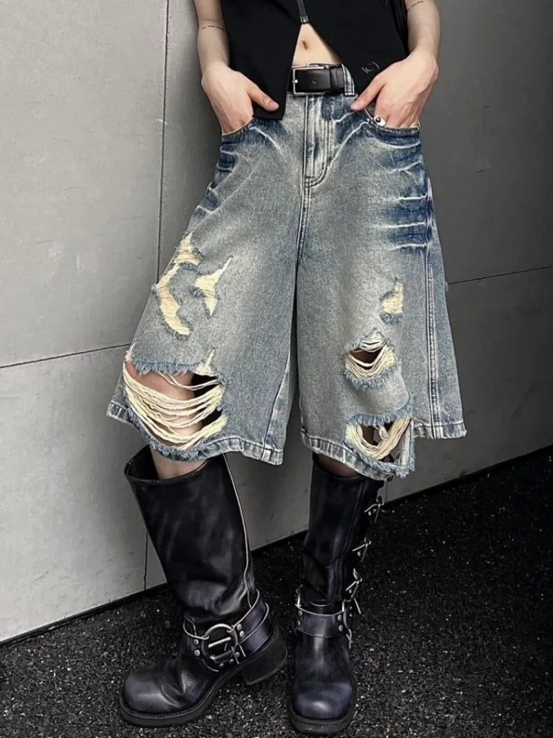 STORESDE American Street Washed Blue Denim Shorts Y2k E-Girl High Waist Loose Wide Leg Jeans 2026 New Hole Straight Knee-Length Pants