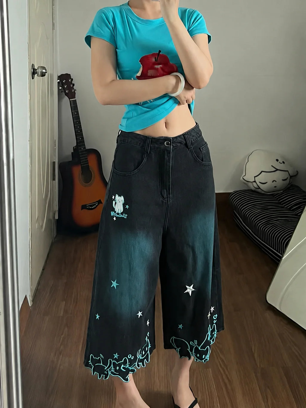 STORESDE Women High Waist Cute Cartoon Cat Embroidery Jeans Girls Vintage Y2k Clothes Calf Length Denim Pants Harajuku Blue Streetwear