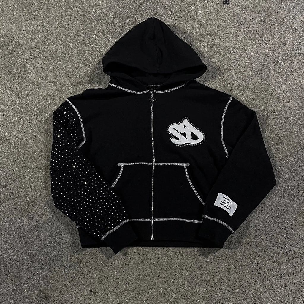 STORESDE American Fashion Embroidery Personality Flash Diamond Oversize Zipper Hoodie Men Y2K New Harajuku Gothic Casual Joker Sweatshirt