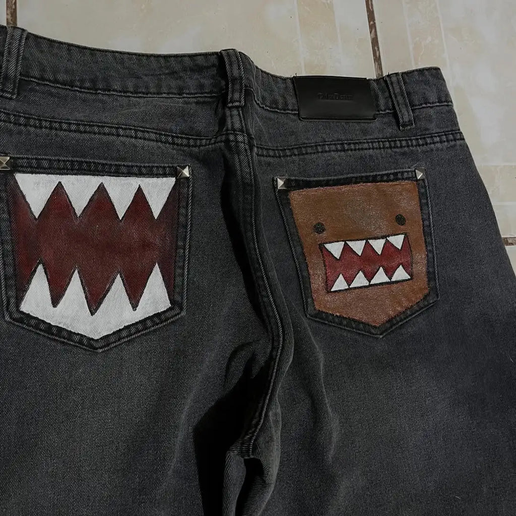 STORESDE Y2k2026 Subculture Fun Monster Teeth Patch Pocket Jeans American Heavy Industry Rivet Old Loose Wide Leg Pants Couple Same Style