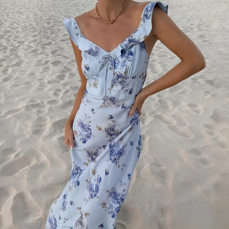STORESDE Summer Flower Printed Women's Sexy Low-cut Dress Sleeveless Backless Slim Sling Dresses 2025 Beach Vacation Lady Vestidos