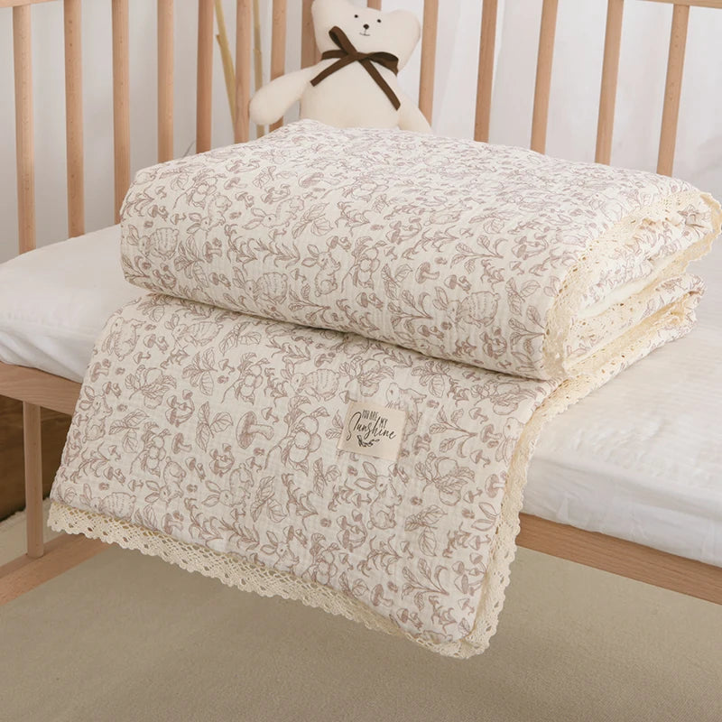 STORESDE Spring Summer Baby Comforter Soft Cotton baby quilts Gauze Quilted Blanket for Newborn Floral Print Kindergarten Kids Bedding
