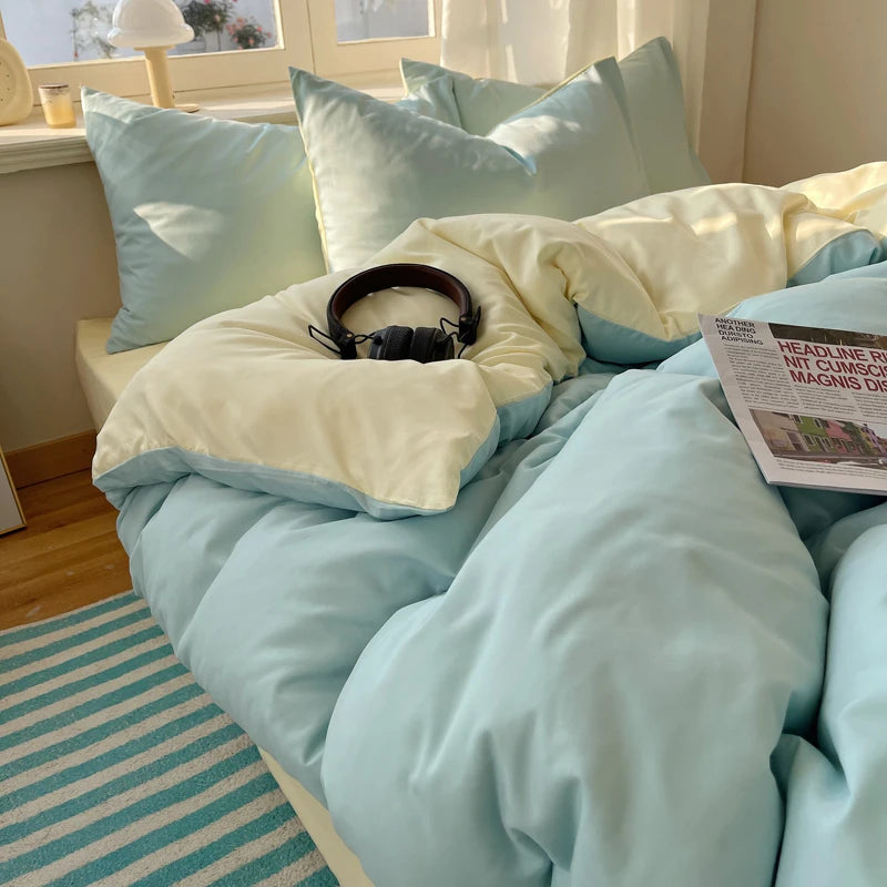 STORESDE Cotton Bedding Set 4pcs with Solid Bed Sheet Duvet Cover Pillowcases Single Couple Bedsheet King Queen Double Twin Size