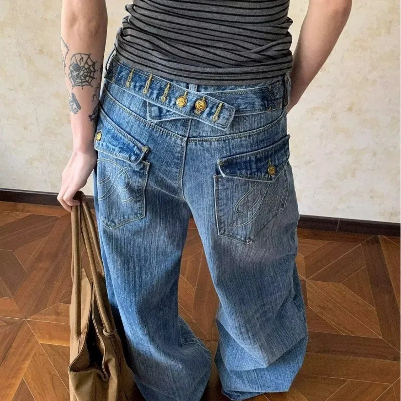 STORESDE Womens Jeans Vintage American Design Distressed Denim Womens Pants Loose Fit Straight Leg Trousers For Casual Wear