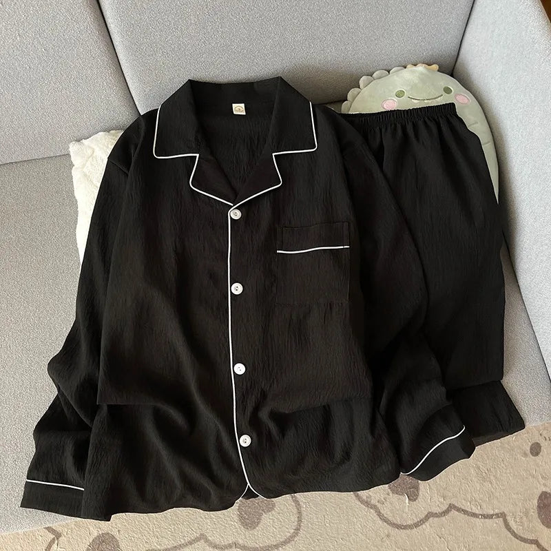 STORESDE Autumn New Solid Simple Men's Pajamas Set Plus Size Lapel Neck Long Sleeve 2 PC Men's Pajamas Casual Soft Oversized Loungewear