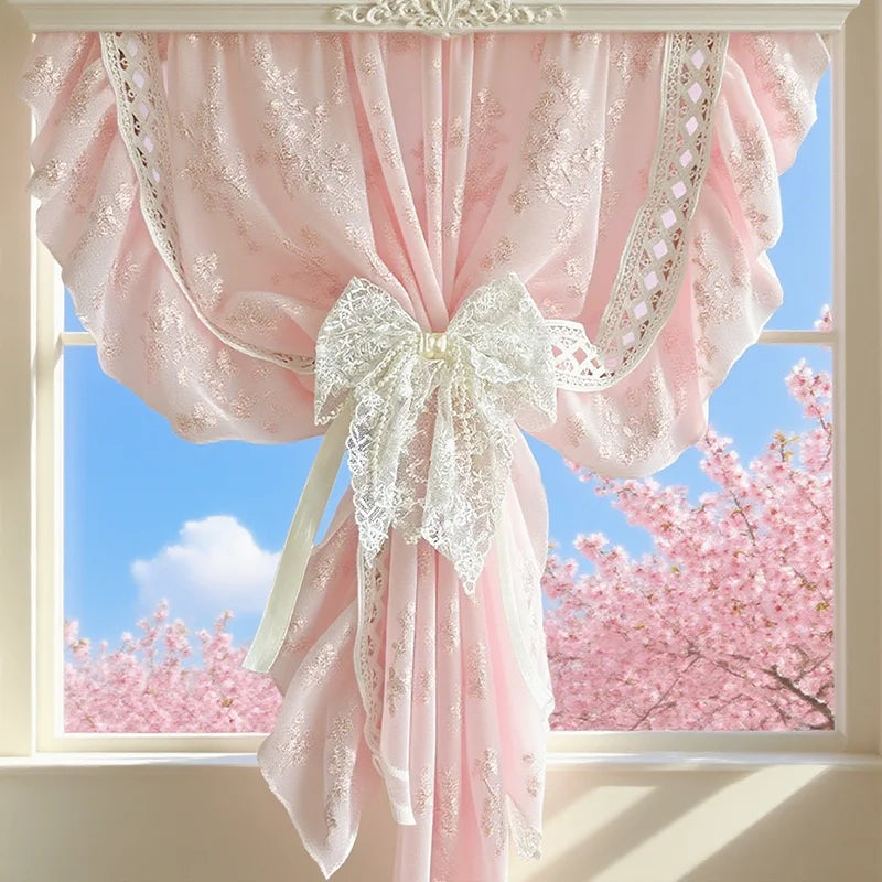 STORESDE 1Pair/2Pairs French Romantic White Flower Lace Curtain Tieback with Bead Korean Bow Strap Trims for Curtain Accessories Decor