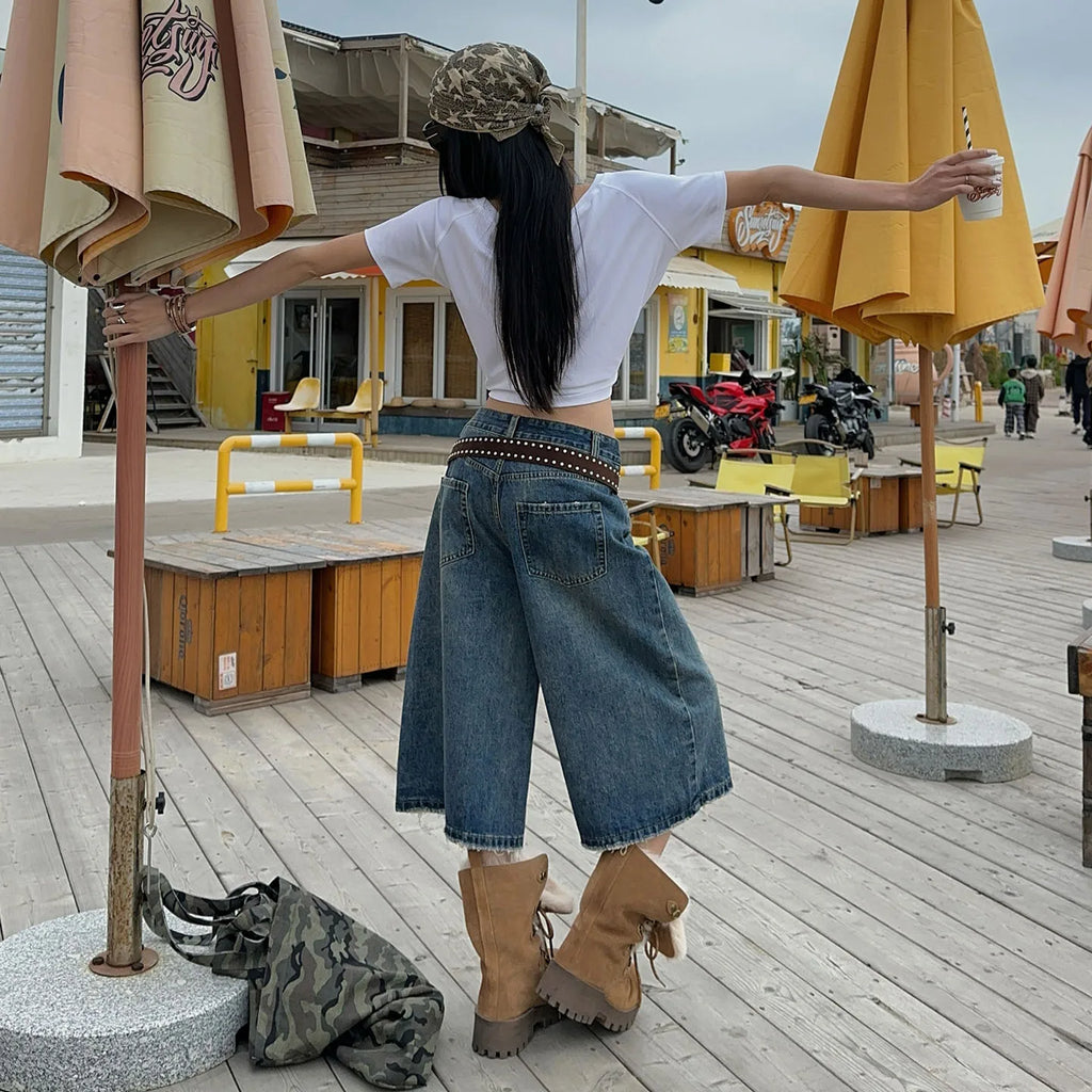 STORESDE Washed Fringed Design Wide Leg Denim Cropped Pants Versatile Casual Niche Design Straight Knee Length Pants