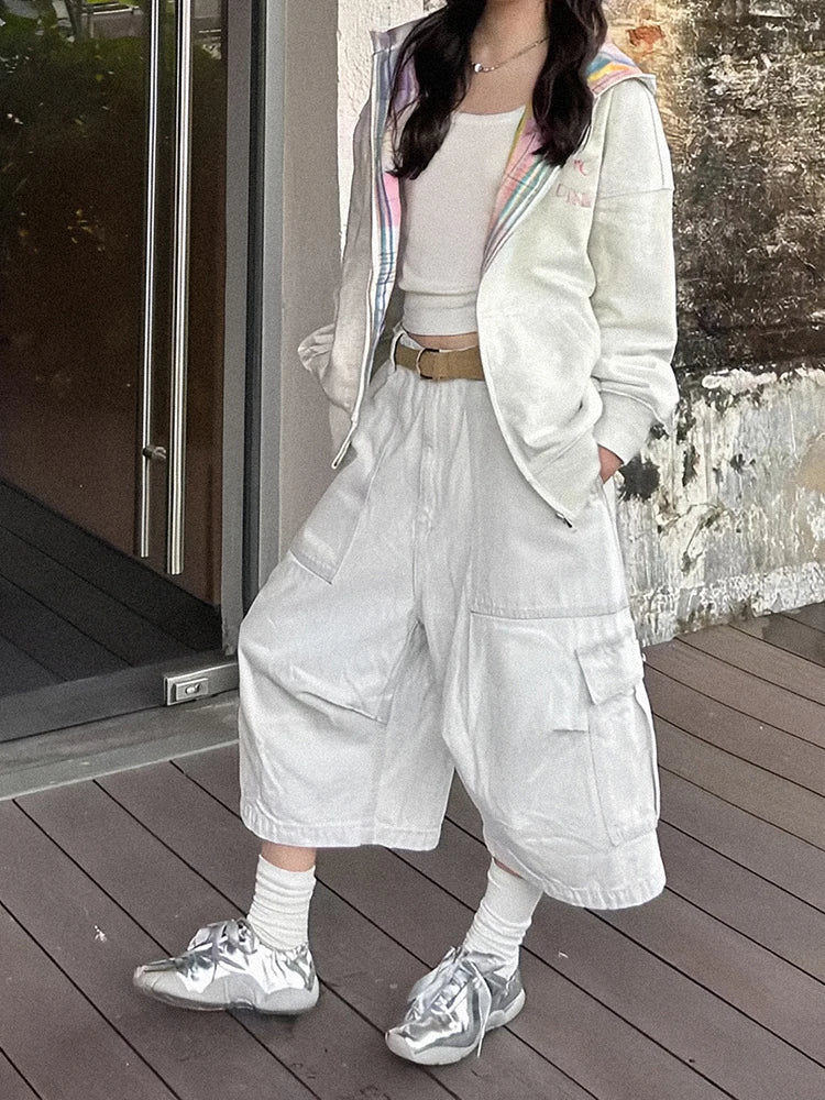 STORESDE PBAP White Cargo Jean Shorts Women Big Pockets Casual Wide Leg Pleats Adjust Waist Baggy Bermuda Pants Hiphop Vintage Streetwear