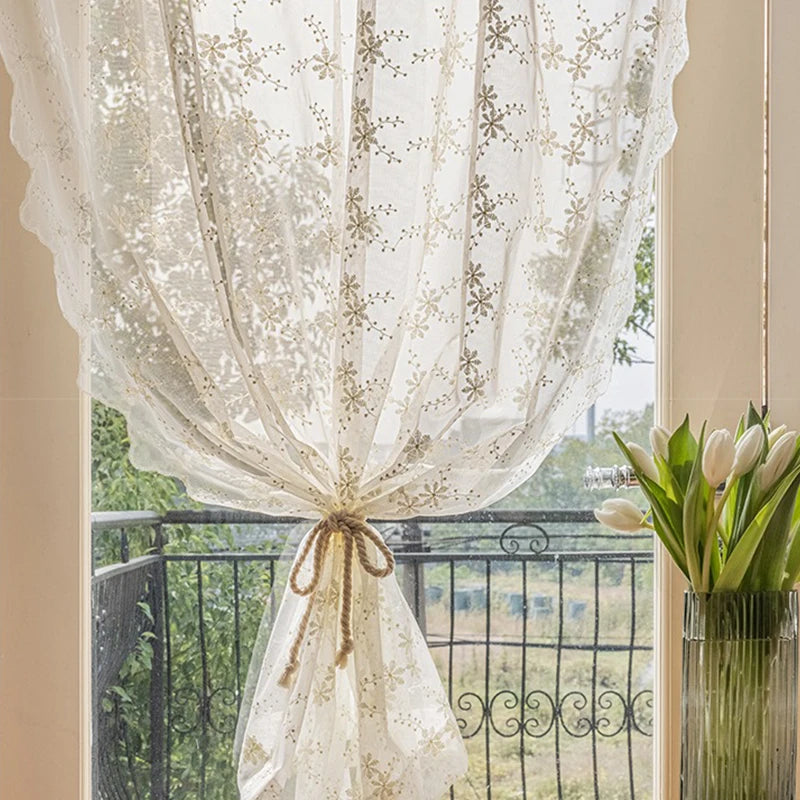 STORESDE Lace Kitchen Curtain Swaying Beige Sheer Curtains for Living Room Bedroom Window Treatment Short Vintage Floral Embroidery 1 PC