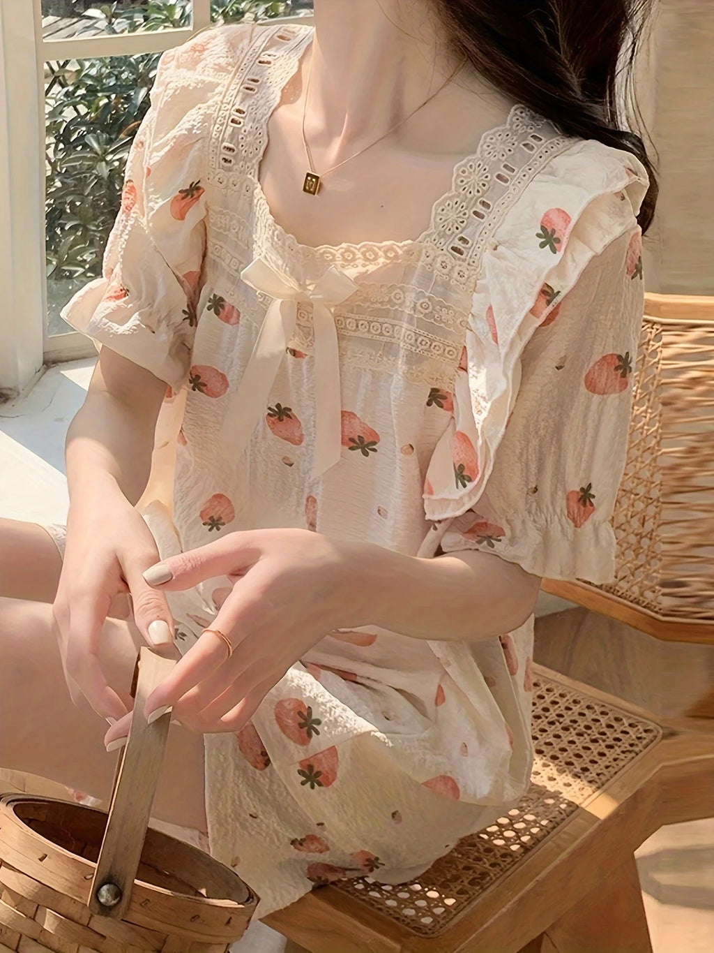 STORESDE Charming Strawberry Print Loungewear Set Soft Fabric with Bow Detail Puff Sleeve Square Neck Top Elastic Shorts for Women Summer