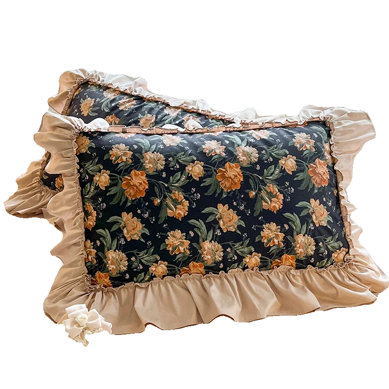 STORESDE 1 Piece Ins Romantic Pillowcase Princess Ruffle Pillow Cover Cotton Cloth Print Pillow Case Floral Design Cushion Covers