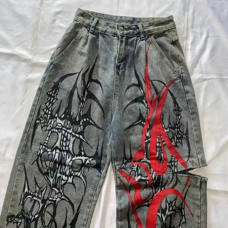 STORESDE 2025 New American Trend Retro Hip-hop Embroidery Pattern Baggy Jeans For Men And Women Y2K Harajuku Gothic Wide Pants Streetwear