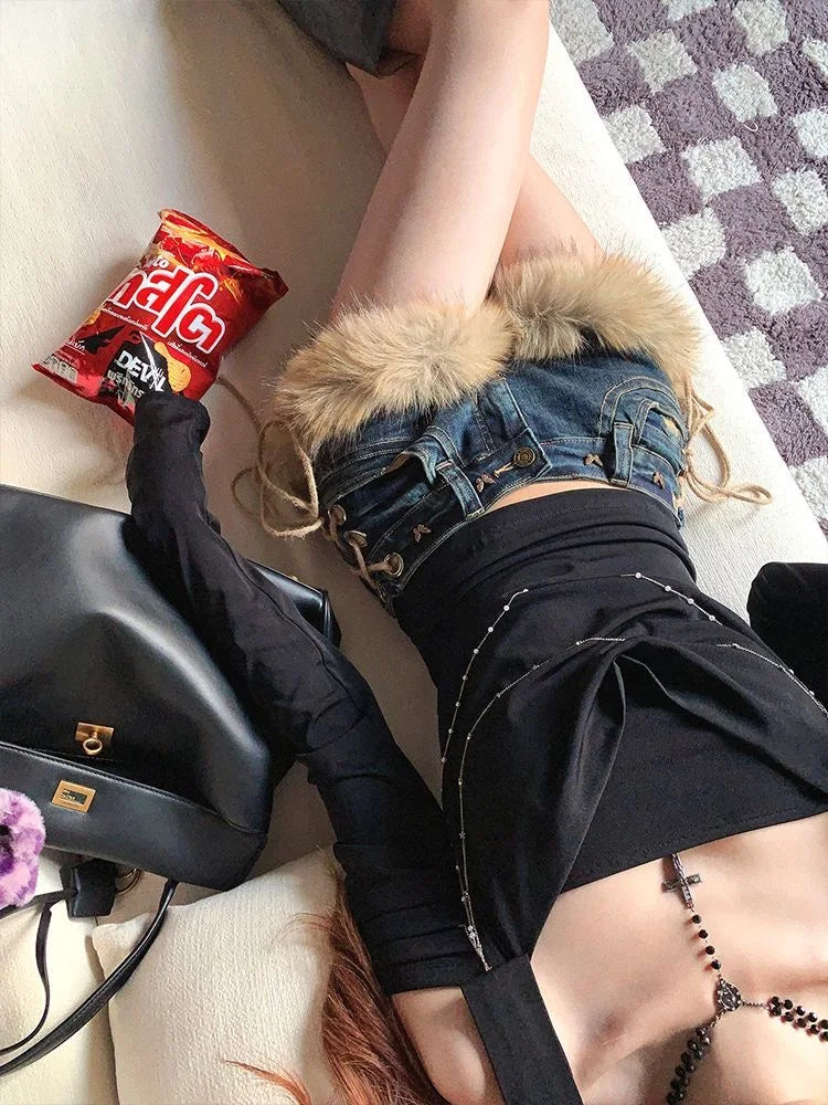 STORESDE Winter New Women's Retro Design Fluffy Splicing Jeans Shorts Y2k Low-rise Strap Slim Hot Pants