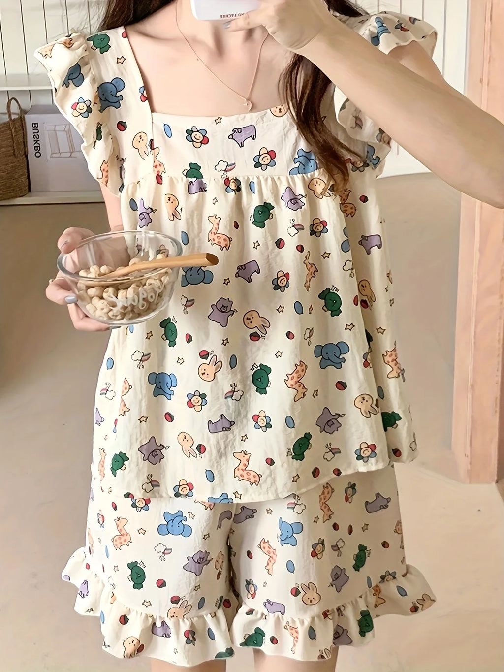 STORESDE Allover Cartoon Print Lounge Set Ladies Summer Cute Ruffle Sleeve Square Neck Top & Shorts Kawaii Women's Loungewear Summer