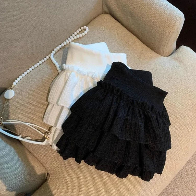STORESDE Sweet Puffy Cake Women Skirts Korean Fashion Ruched Ruffle Mini Skirt Campus Harajuku Casual Versatile Elastic Waist Solid Skirt