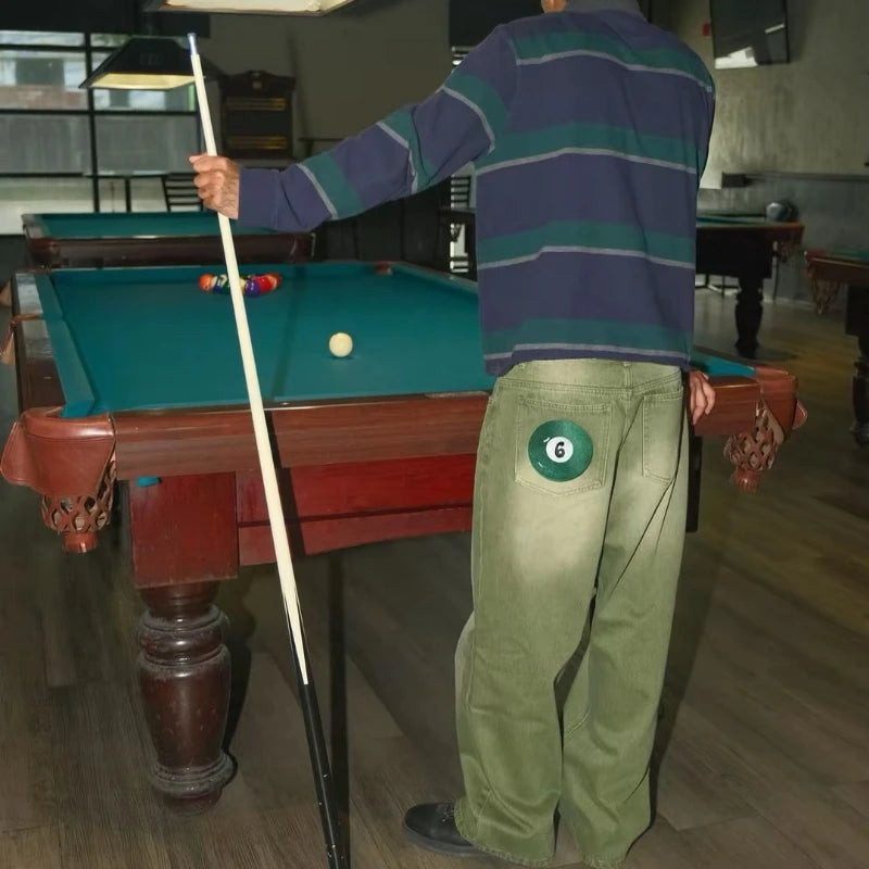 STORESDE Y2K Retro Matcha Denim Jeans Washed Billiard Embroidered Denim Pants London Fashion New York Style Streetwear Unisex Baggy Jeans