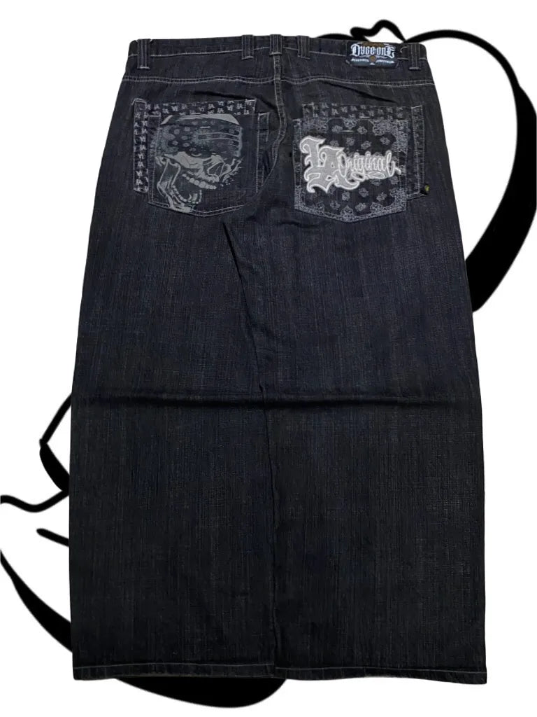 STORESDE American Fashion Printing Jeans Hip Hop Baggy Cross-legged Jeans Grey Wash Straight Mop Pants Men and Women
