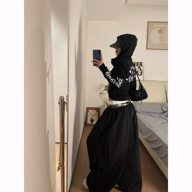 STORESDE ZHIZOU Black Baggy Parachute Pants Y2k Vintage Sweatpants Cargo Pants Harajuku Japanese 2000s Style Trousers Clothes Autumn 2025