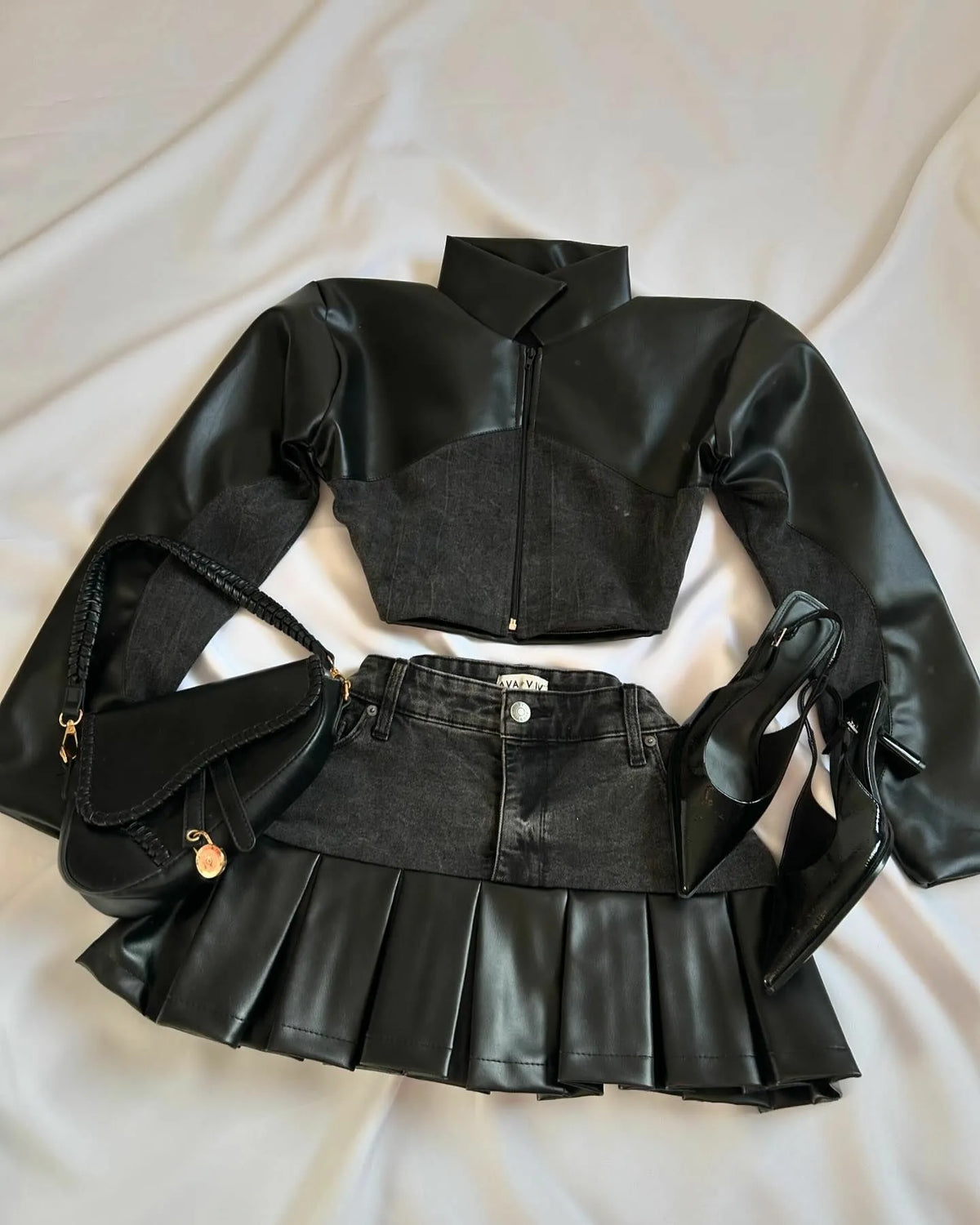 STORESDE Y2K Leather Spliced Denim Black Two Piece Set Women Harajuku Gothic Long Sleeve Zipper Jacket Mini Pleated Skirt Autumn Jacket