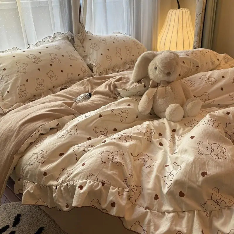 STORESDE Korean Princess Duvet Cover Set Skin Friendly Wash Cotton Bedding Set Of Four Pieces Lace Bedin Set Bed Sheets Comforter Cover