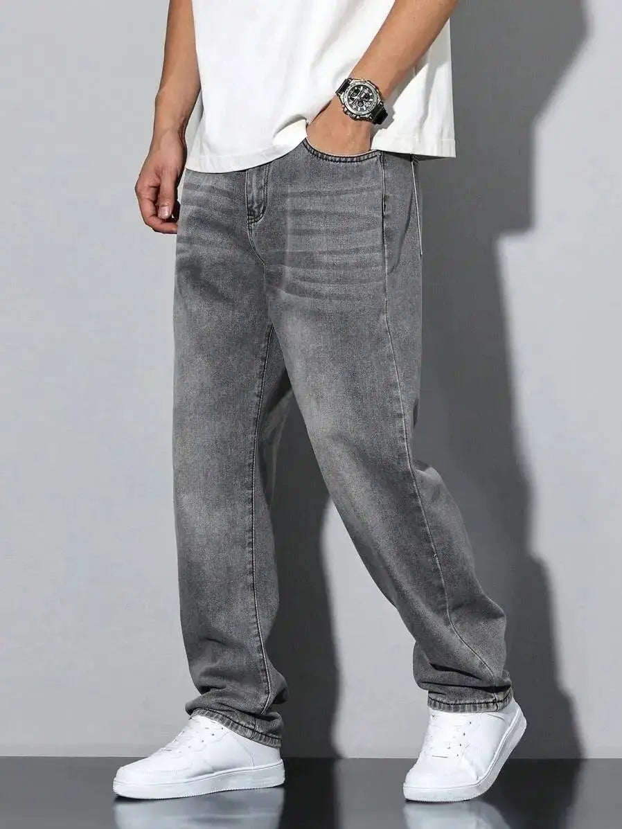 STORESDE Men's straight skinny grey jeans, straight and simple design, suitable for daily wear in all seasons