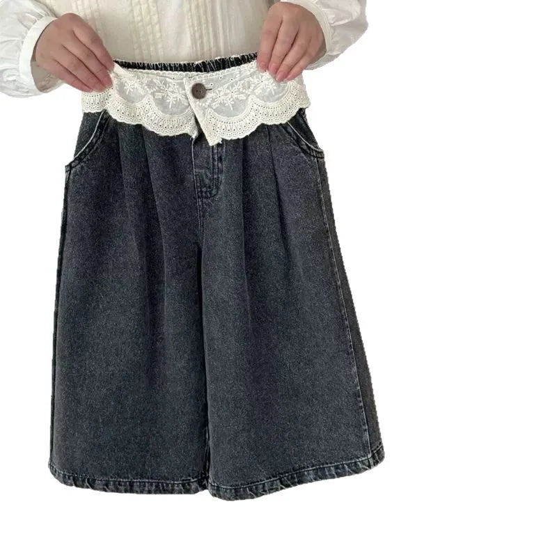 STORESDE UNITIM 2-8Yrs Kids Girls Jeans Loose Lace Patchwork Children Girls Straight Pants Casual Trendy Infant Babys Girls Denim Pants