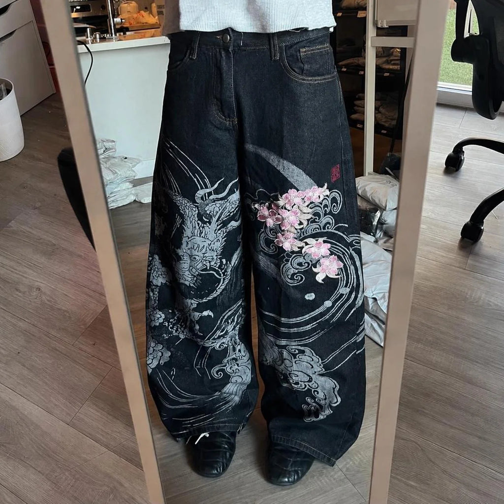 STORESDE New Black Wide Leg Denim Jeans Men Dragon Print Cherry Blossom Embroidery Vintage Washed Loose Harajuku Streetwear Casual Pants