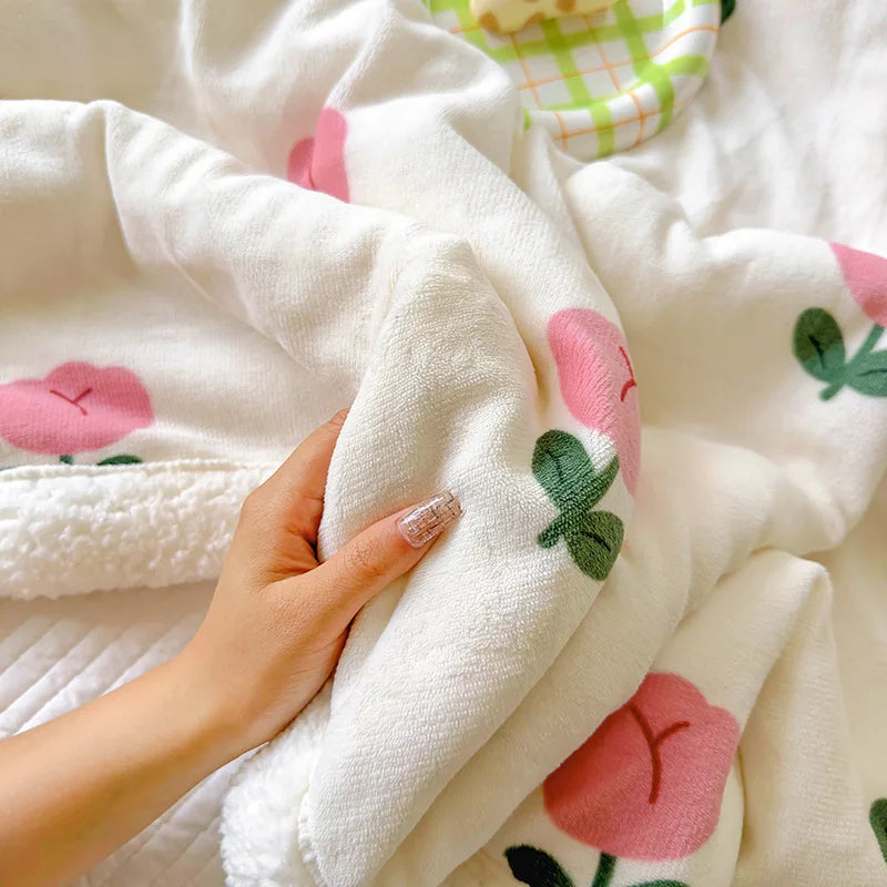 STORESDE Winter Cartoon Printed Lamb Wool Blanket Thick and Warm Coral Fleece Blanket for Office Napping Fluffy Soft Plush Bedspread
