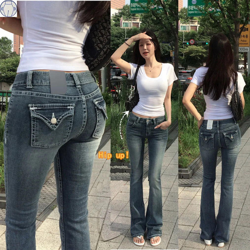 STORESDE Gothic Buddha Head Womens Jeans Y2K Clothes Hip Hop Pocket Embroidery Vintage Blue Baggy Jeans Low Waist Wide Leg Trousers