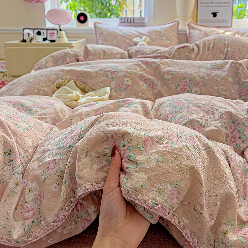 STORESDE Flower Printed Duvet Cover Sets Queen/King Bedding Set with Shell Edge Washed Cotton dekbedovertrek 240x220  이불 커버 Bed Cover Set