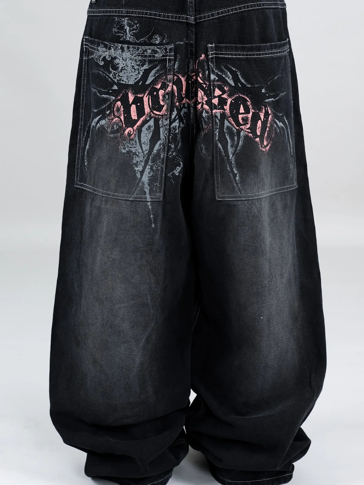 STORESDE American Fashion Printing Jeans Hip Hop Baggy Cross-legged Jeans Grey Wash Straight Mop Pants Men and Women