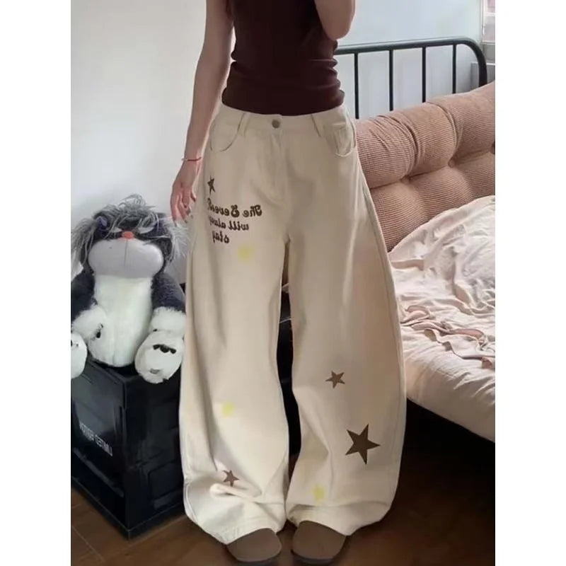 STORESDE Y2K High Street Red Letter Embroidered Baggy Jeans Women Gothic American New Straight Pants Fashion Street Retro Wide-leg Pants