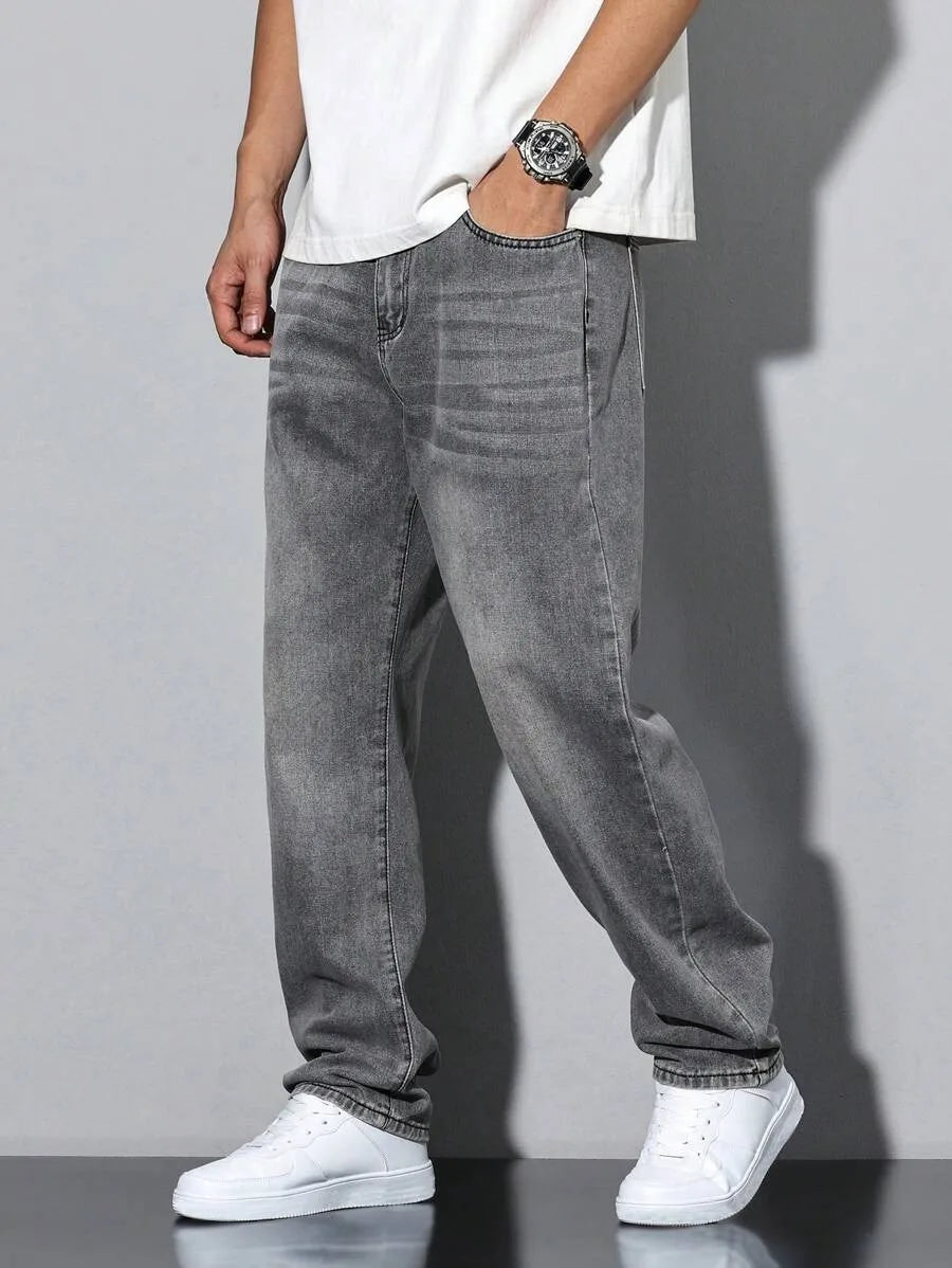 STORESDE Men's straight skinny grey jeans, straight and simple design, suitable for daily wear in all seasons