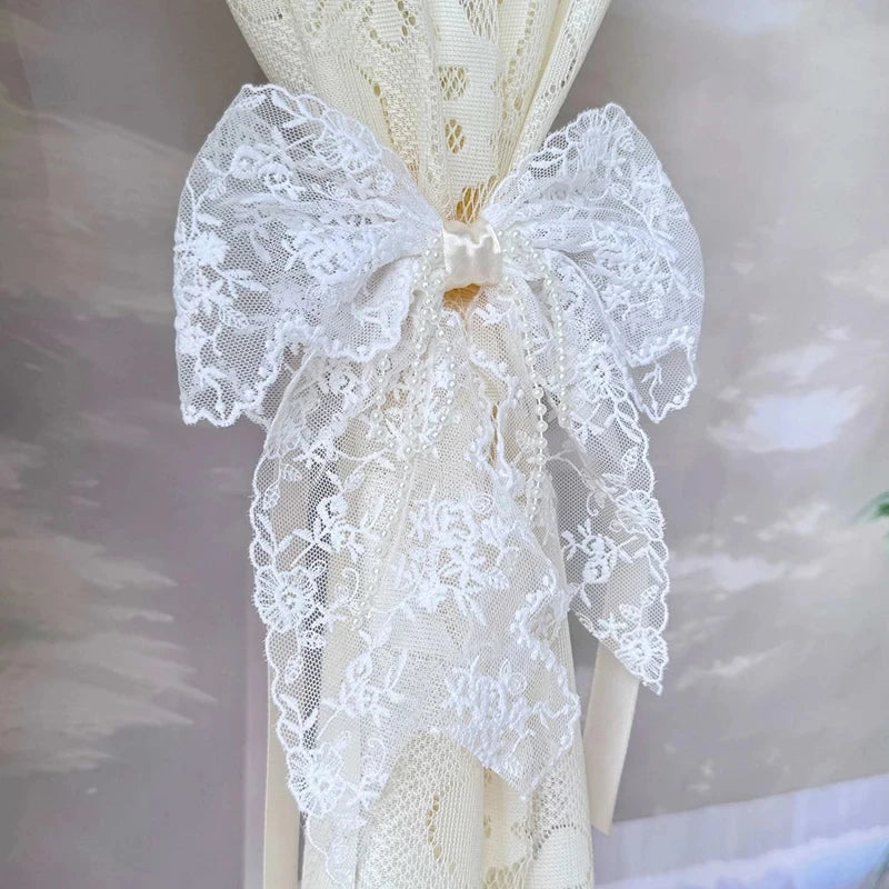 STORESDE 1Pair/2Pairs French Romantic White Flower Lace Curtain Tieback with Bead Korean Bow Strap Trims for Curtain Accessories Decor
