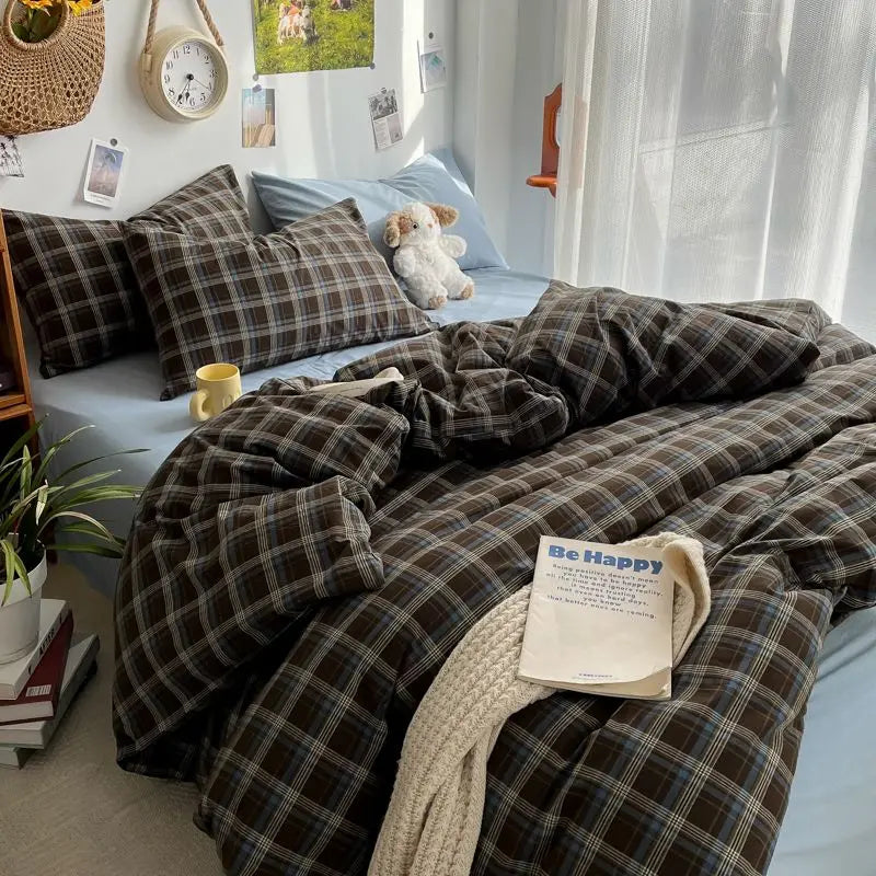 STORESDE Bedding Set Ins Ambiance Blue Coffee Grid Mixed With Washed Cotton Minimalist Four Piece Set Fitted Sheets Duvet Cover