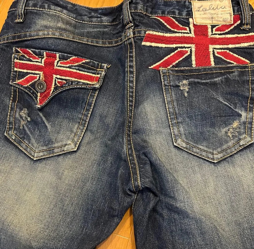 STORESDE Y2K Vintage British Embroidered Denim Washed Blue Denim Mid Stretch Straight Wide Leg Jeans High Street Hip Hop Work Pants