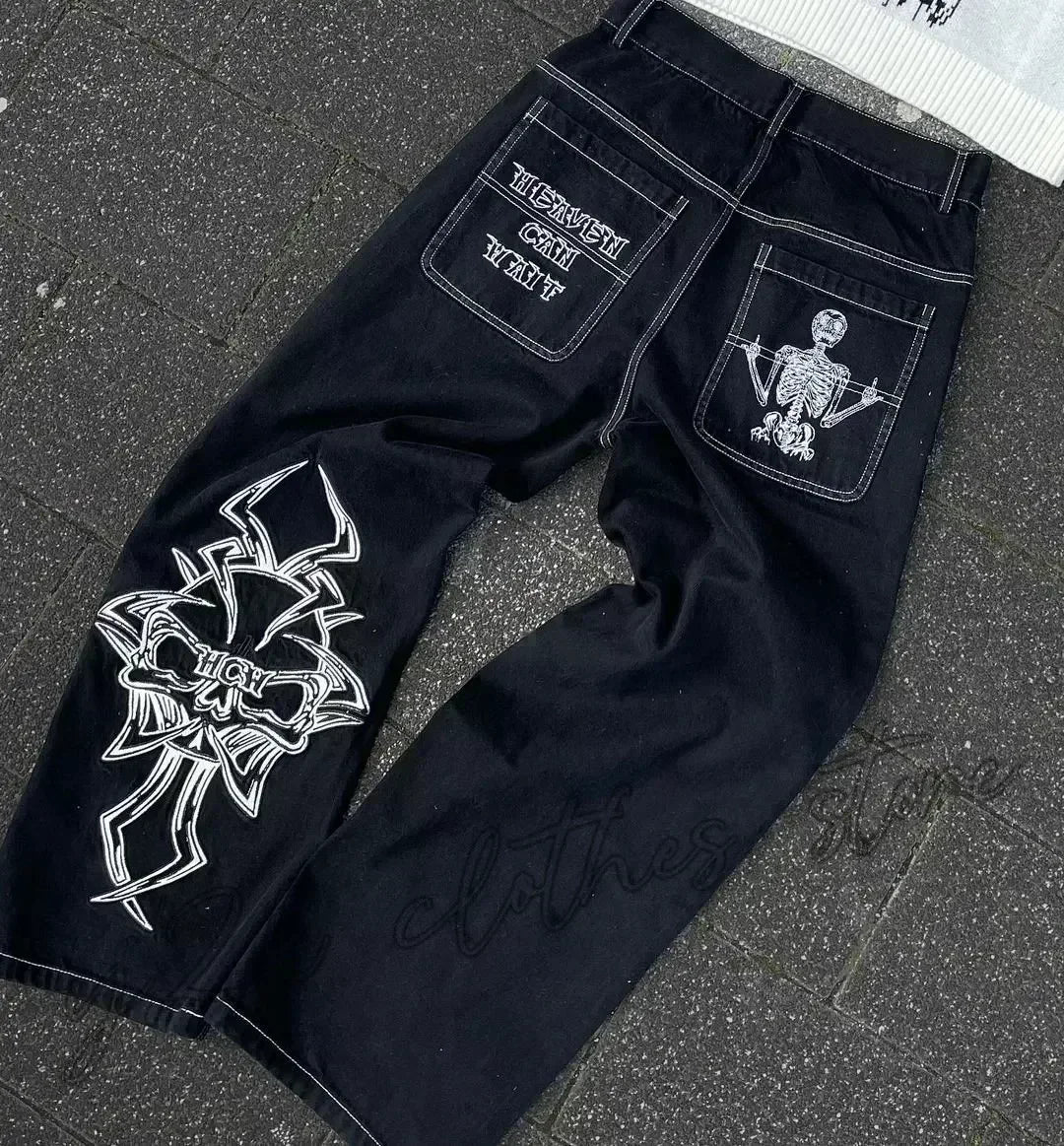 STORESDE 2025 New American Trend Retro Hip-hop Embroidery Pattern Baggy Jeans For Men And Women Y2K Harajuku Gothic Wide Pants Streetwear