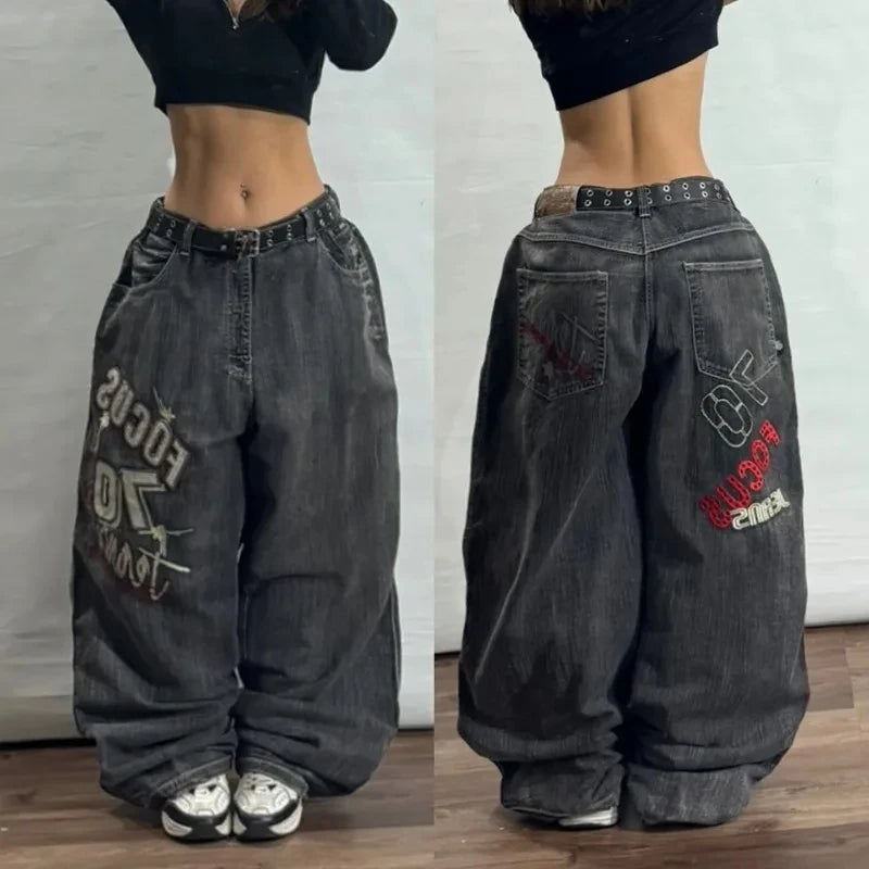 STORESDE American New Fashion Letter Embroidery Stitching Old Baggy Jeans Women Y2K Harajuku  Popular High Waist Wide Leg Trousers