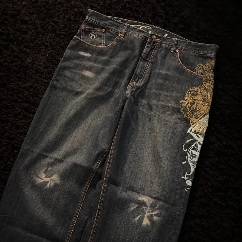 STORESDE American New Fashion Oversize Pattern Embroidered Baggy Jeans Men Y2K Gothic Harajuku Hip Hop Straight High Waist Wide Leg Pants