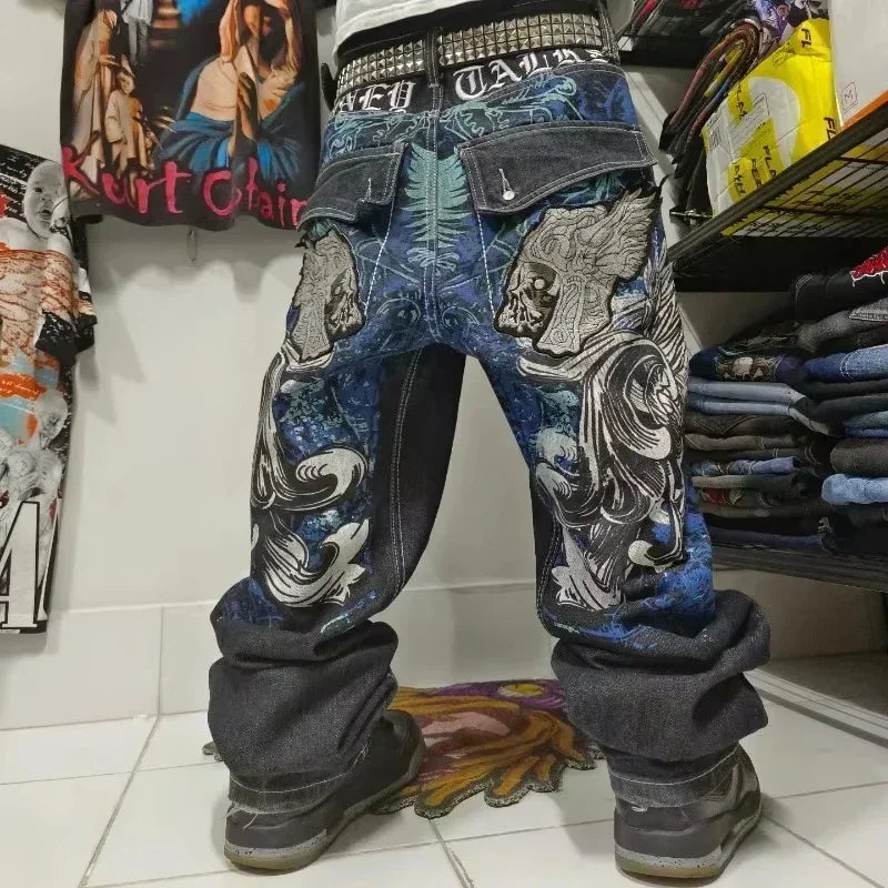 STORESDE 2025 New American Trend Retro Hip-hop Embroidery Pattern Baggy Jeans For Men And Women Y2K Harajuku Gothic Wide Pants Streetwear