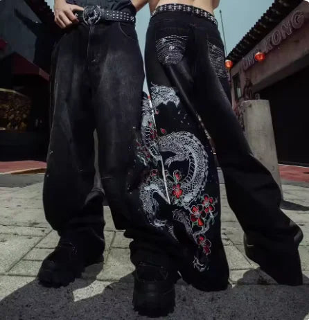 STORESDE New White Jeans Y2K Dragon Pattern Mens American High Street Retro Korean Straight Pants Harajuku Hip-Hop Couple Wide Pants