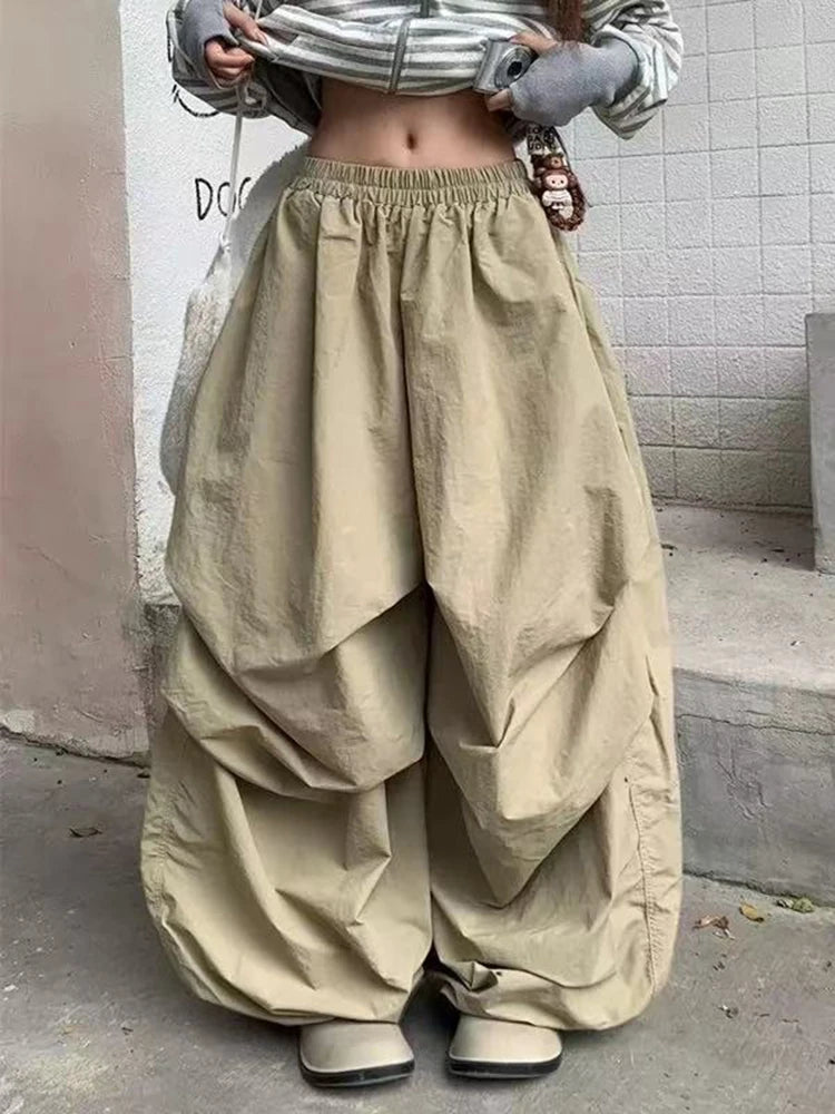 STORESDE American Baggy Parachute Pants Women Summer High Waist Oversized Cargo Trousers Y2K Loose Streetwear Folds All Match Pants Mujer
