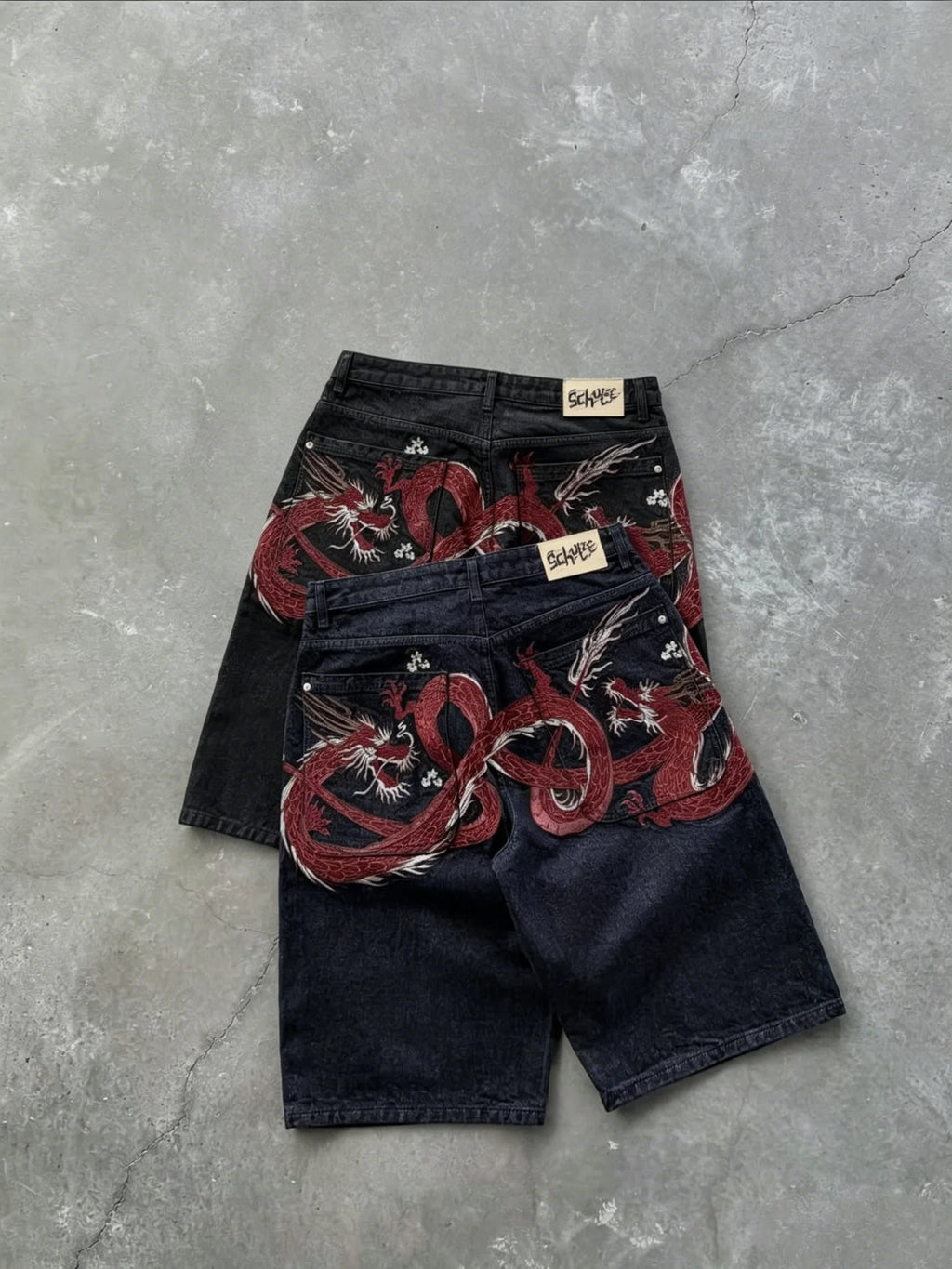 STORESDE Women Japanese Dragon Embroidered Denim Shorts Loose Baggy Washed Vintage Harajuku Streetwear Y2K Casual Summer Mid Length Jeans