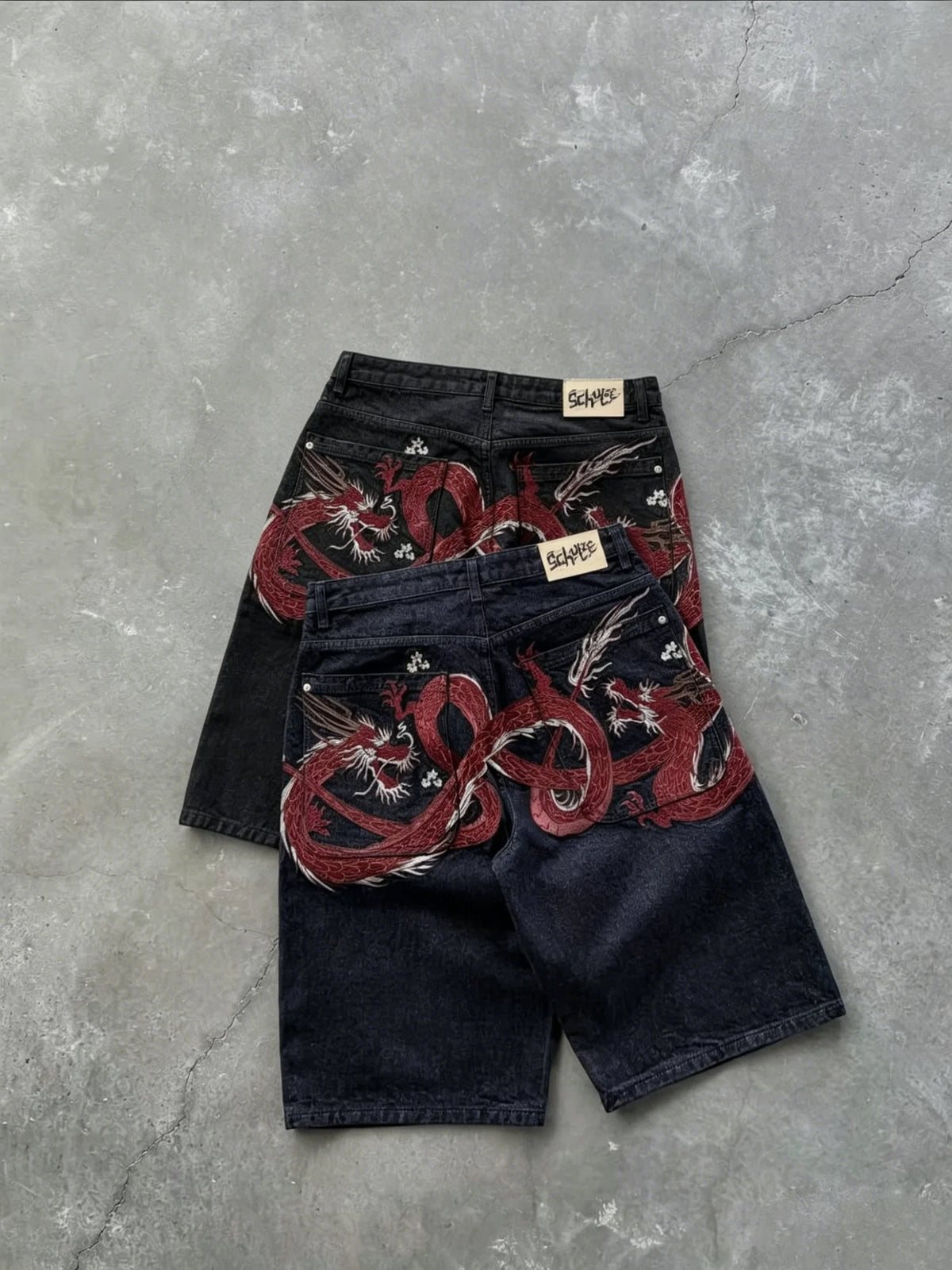 STORESDE Women Japanese Dragon Embroidered Denim Shorts Loose Baggy Washed Vintage Harajuku Streetwear Y2K Casual Summer Mid Length Jeans