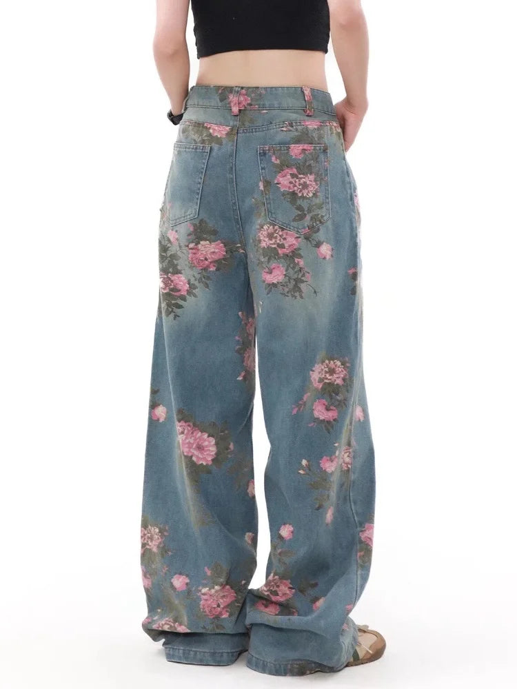STORESDE 2025 Ropa Y2K Fashion Peach Blossom Printed Baggy Jeans Pants For Women Clothing Wide Leg Casual Lady Trousers Pantalon Femme