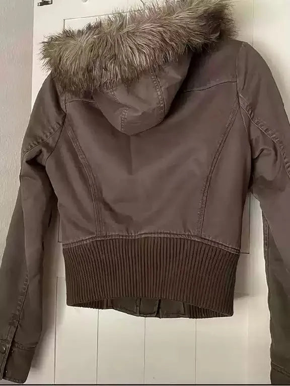 STORESDE Vintage Fur Trim Hooded Bomber Jacket Womens Brown Zipper Coat with Sherpa Lining Ribbed Cuffs Y2K Winter Keep Warm Coats