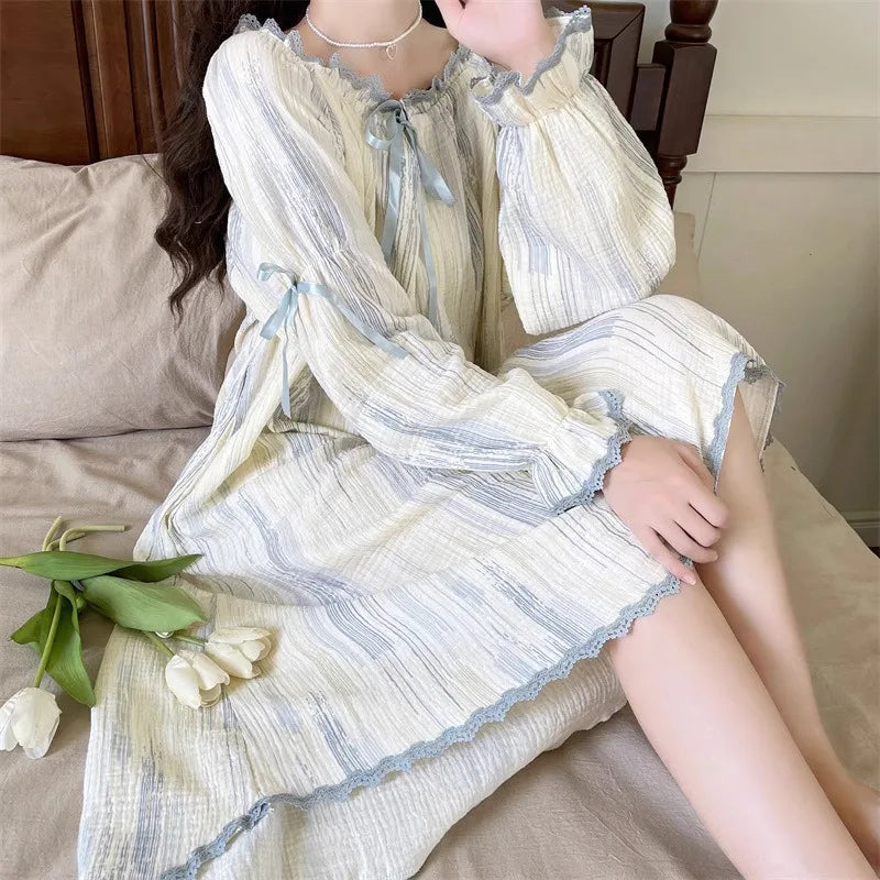 STORESDE Women Pajamas Dress Princess Style Sweet Long Sleeve Nightdress Round Neck Wide Striped Bow Cute Girly Midi Dress Night Wear