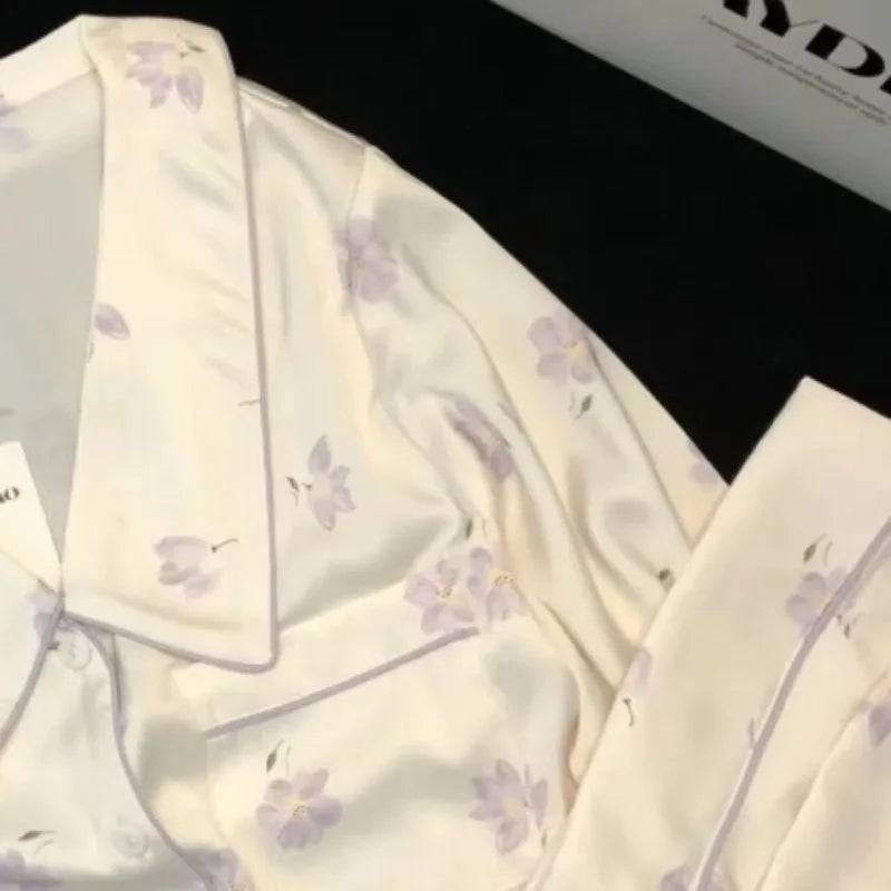 STORESDE 2026 New Ice Silk 2 Pieces Pajamas for Women Autumn Spring Women's Pajamas Set Elegant Ptinting Flower Home Wear Soft Sleepwear