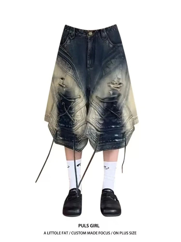 STORESDE American Streetwear Lace Up Cargo Denim Pants Summer Hot Girl Chic Loose Wide Leg Cropped Pants 2000s Y2k Shorts Women Clothing